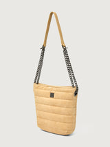 Light Beige suede crossbody bag, angled back view.