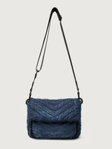 The Muse in Stone Washed Denim, front view with crossbody strap extended.
