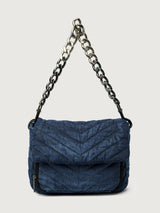The Muse in Stone Washed Denim, front view with chain handle.