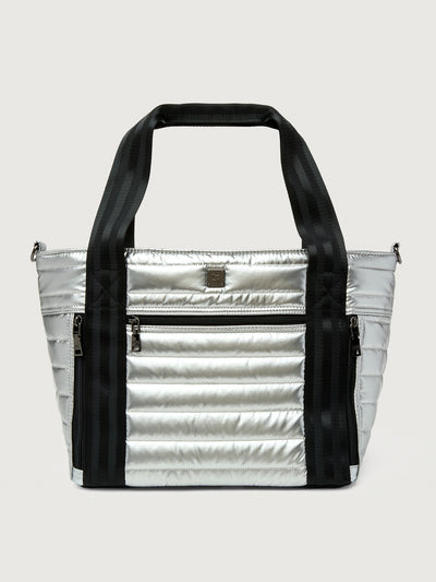Silver insulated tote bag with black handles on a light gray background