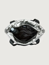 Silver insulated tote bag with black handles on a light gray background