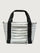 Silver insulated tote bag with black handles on a light gray background