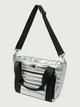 Silver insulated tote bag with black handles on a light gray background
