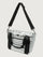 Silver insulated tote bag with black handles on a light gray background