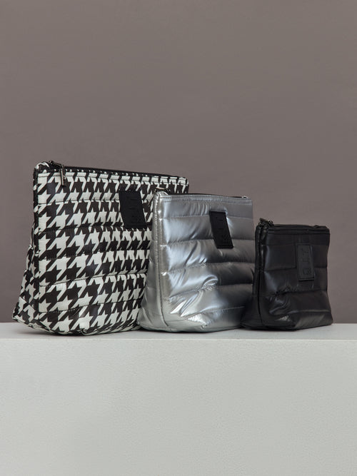 Front view of Travel Trio Bag Set in Pearl Black, Pearl Silver, and Houndstooth patterns.