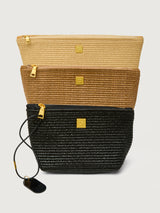 Travel Trio in Dune Raffia, pouches shown in ascending size front view.