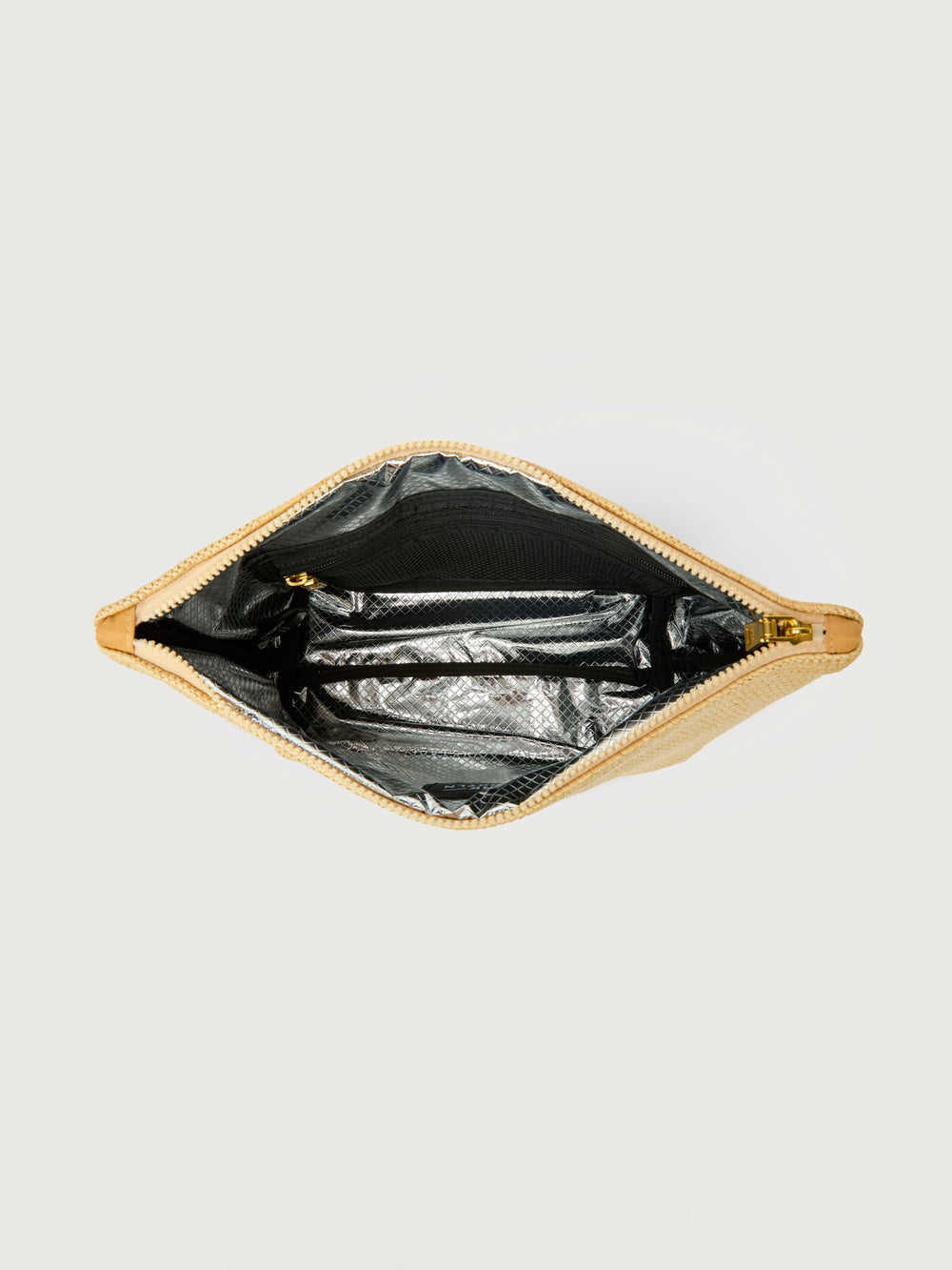 Travel Trio in Dune Raffia, interior view of maxi pouch.