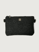 Flat lay of Think Royln Capri detachable black pouch with zipper closure and metal logo plate.