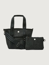 Front view of Think Royln Capri tote bag in black with matching detachable pouch and adjustable shoulder strap.