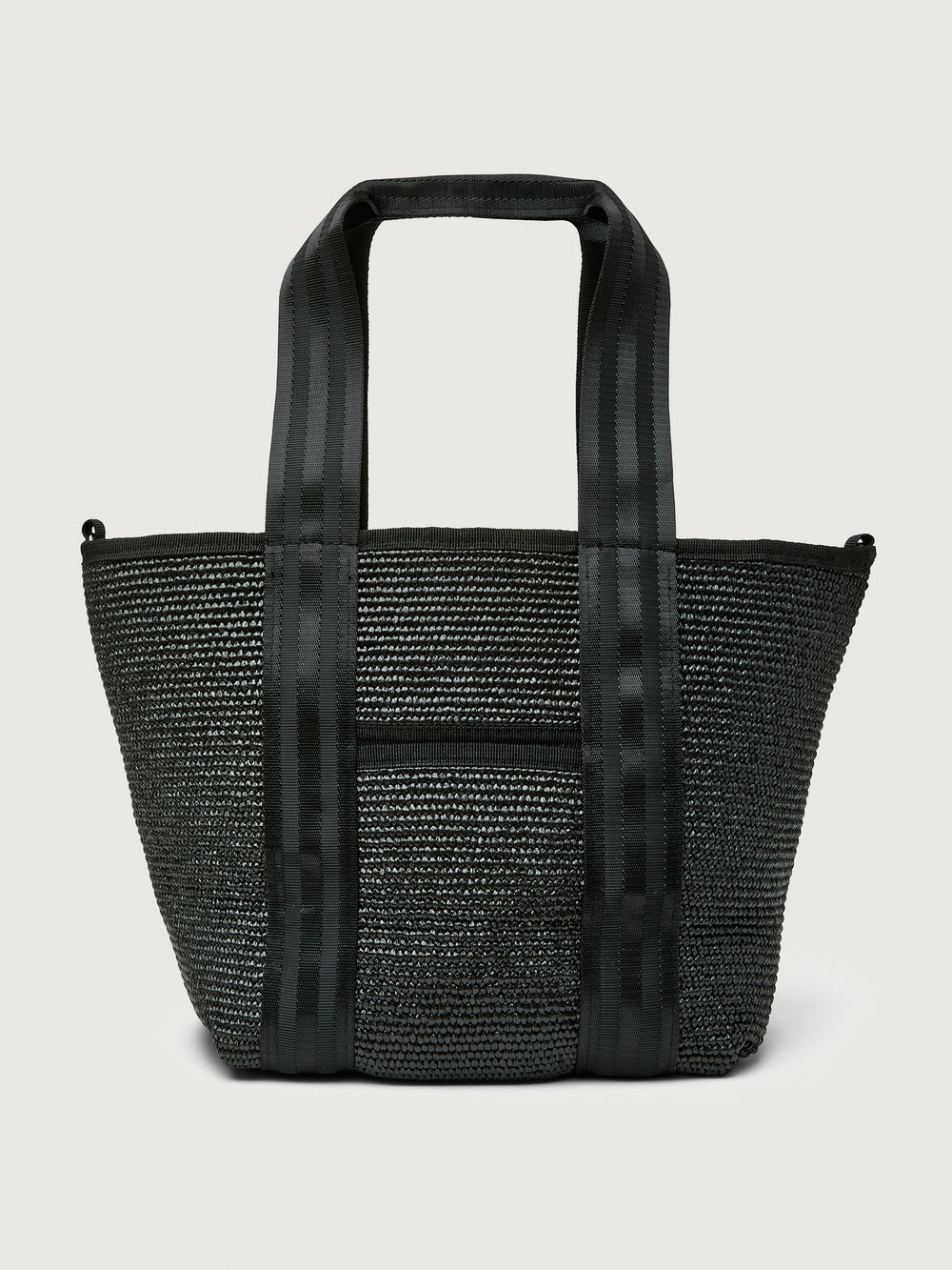 Back view of Think Royln Capri black woven tote highlighting striped handles.