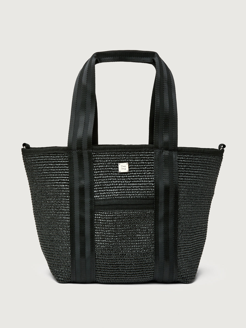 Front view of Think Royln Capri structured black tote with short webbing handles.
