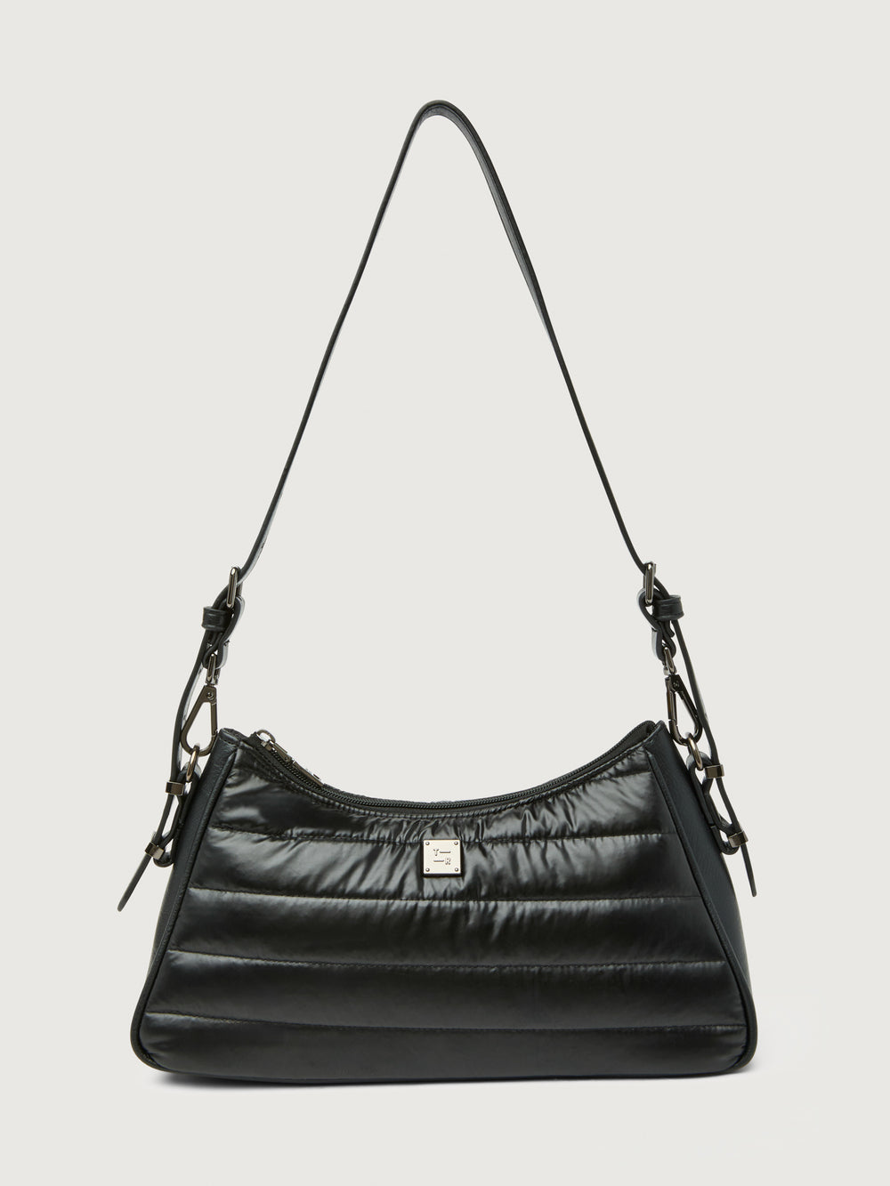 Pearl Black shoulder bag with leather shoulder strap, front view.