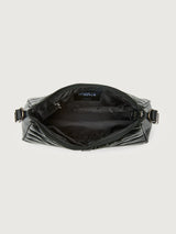 Interior view of Pearl Black shoulder bag with zipper and pocket.