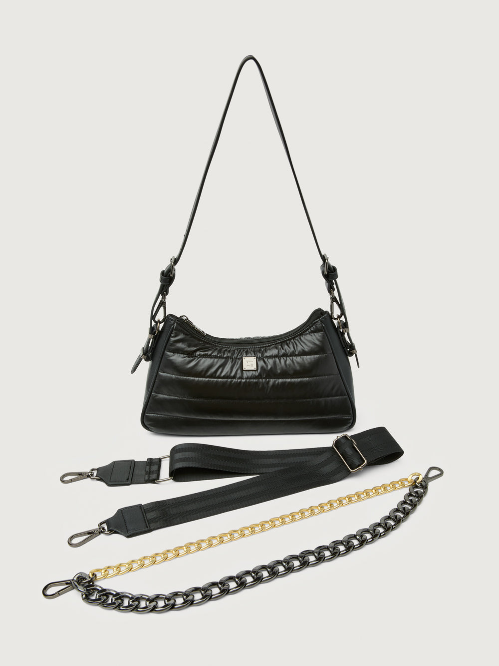 Pearl Black shoulder bag with all straps included, flat lay.