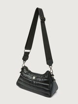 Pearl Black shoulder bag with web strap, three-quarter back view.