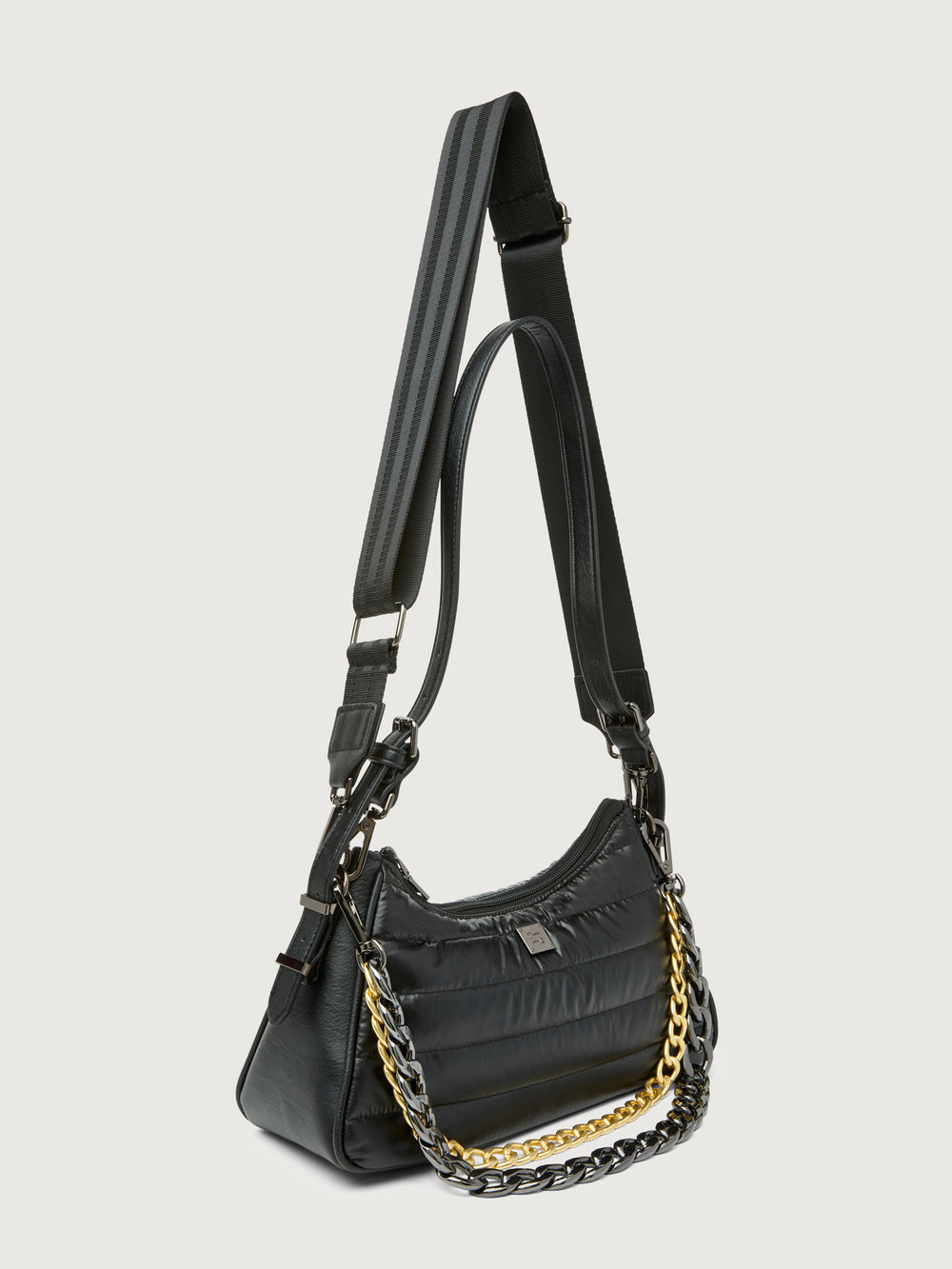 Pearl Black shoulder bag with adjustable web strap, three-quarter front view.