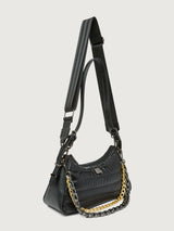 Pearl Black shoulder bag with adjustable web strap, three-quarter front view.