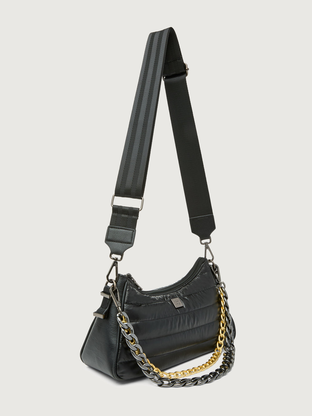 Pearl Black shoulder bag with mixed-metal chain and web strap, angled view.