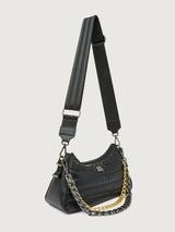 Pearl Black shoulder bag with mixed-metal chain and web strap, angled view.