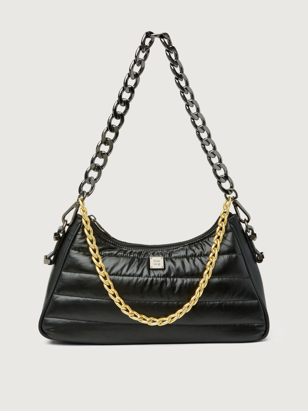 Pearl Black shoulder bag with mixed-metal chain, front view.
