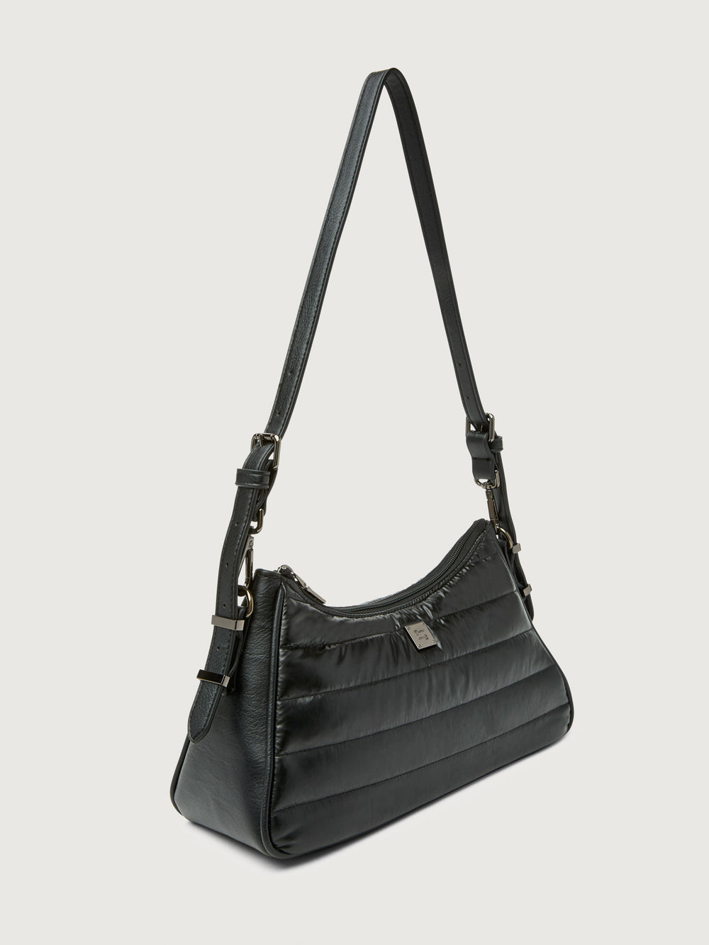 Pearl Black shoulder bag with leather shoulder strap, three-quarter front view.