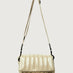 Beige handbag with black handle on a light gray background