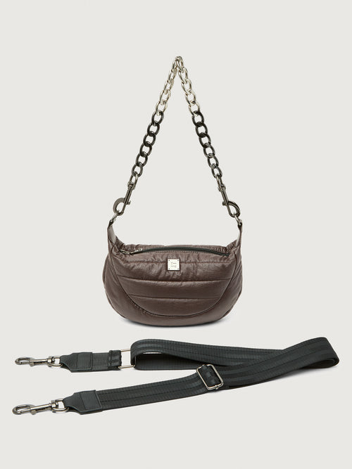Brown waist bag with chain strap and detachable black strap on a light gray background
