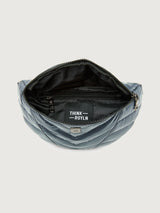 Carbon waist bag with a black strap on a light gray background