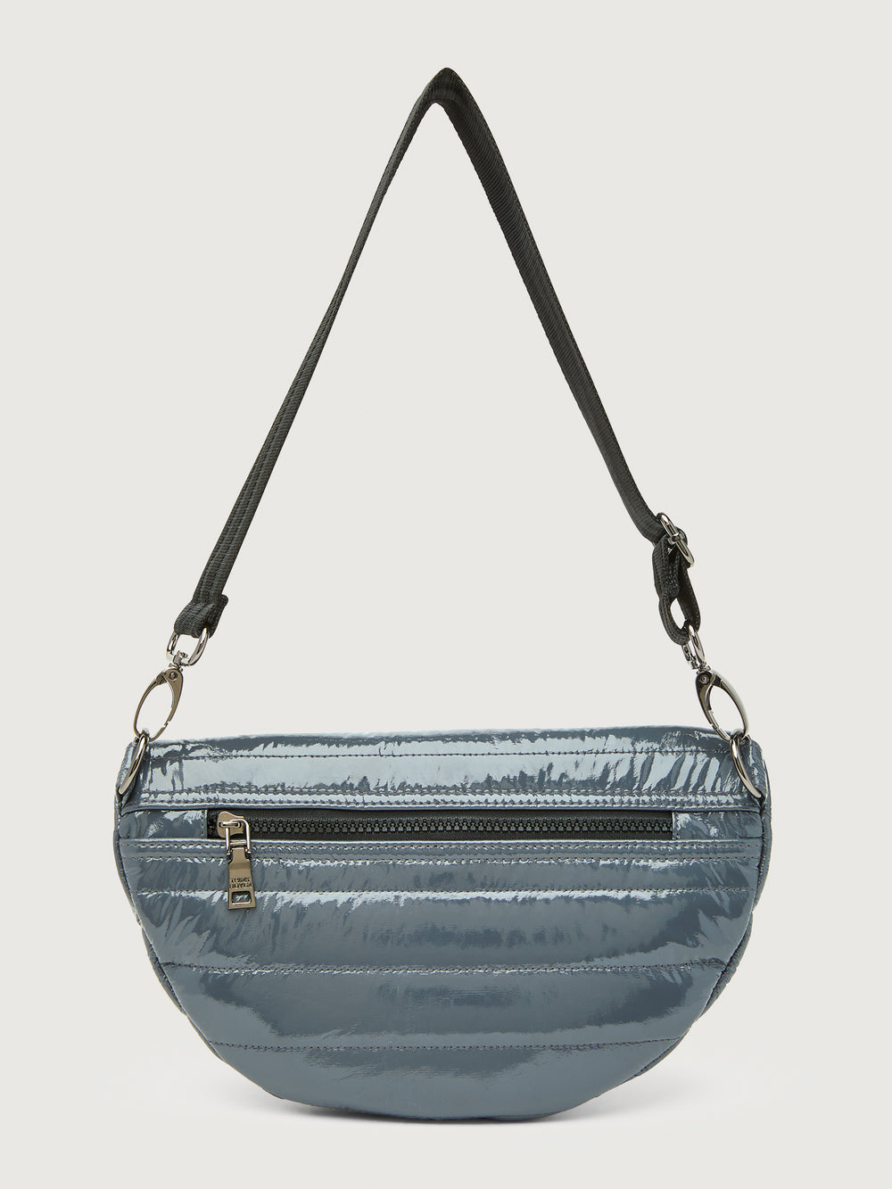 Carbon waist bag with a black strap on a light gray background