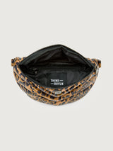 Leopard print crossbody bag with a black strap on a light gray background