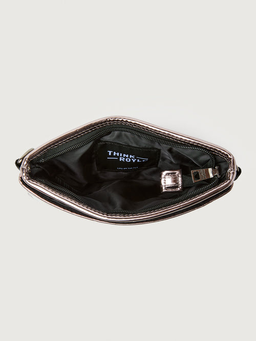 Misty metallic mirror bag with a black crossbody strap and a silver buckle.