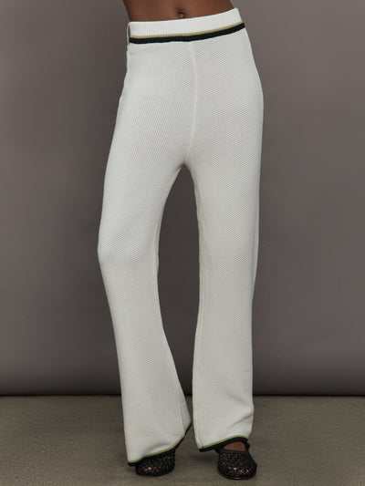 Model is wearing the Soraya Knit Full-Length Pant Sea Salt, front view.
