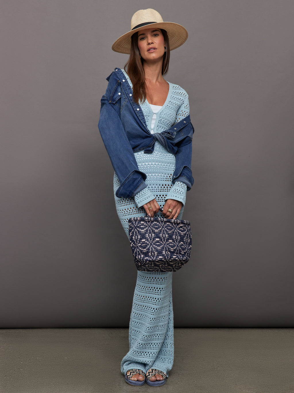 blue crochet maxi dress Blue Crochet Waist Maxi Dress main image 1
