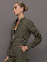 Theia Zip Taffeta Bomber Jacket - Army