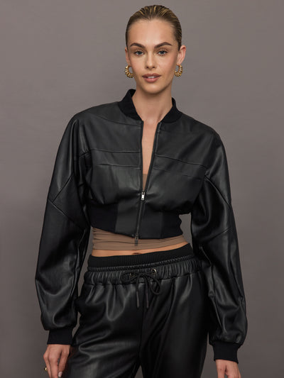 Hera V-Leather Cropped Bomber - Black