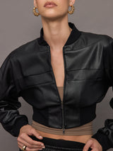 Hera V-Leather Cropped Bomber - Black