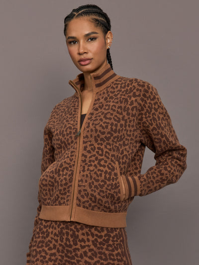 Model is wearing Malawi Knit Zip Front Jacket in Leopard, front view.