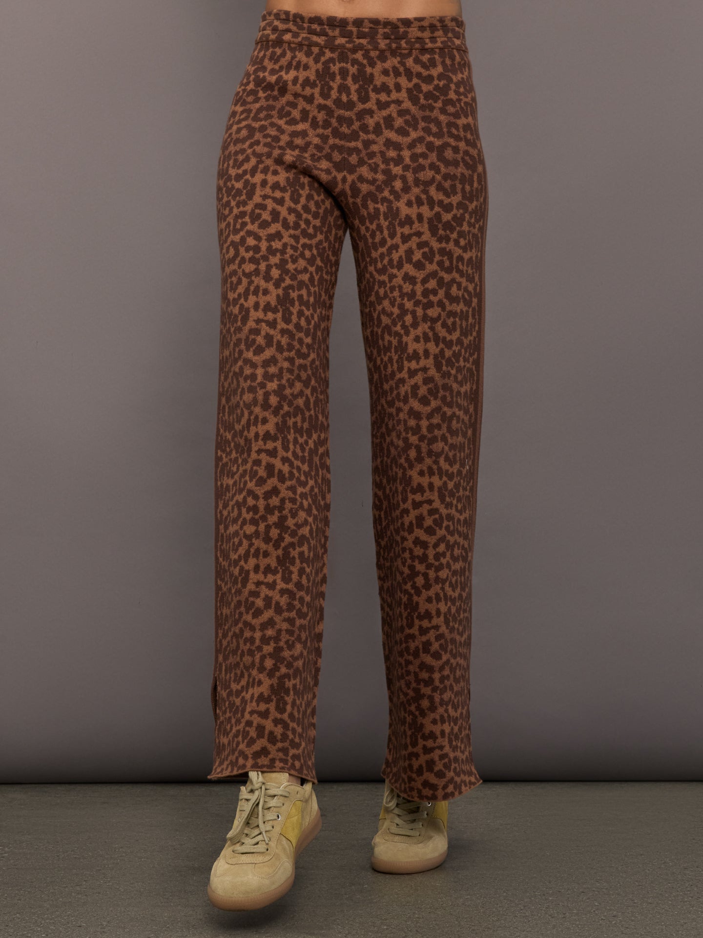 Model is wearing Malawi Knit Straight Leg Pant in Leopard, front view.
