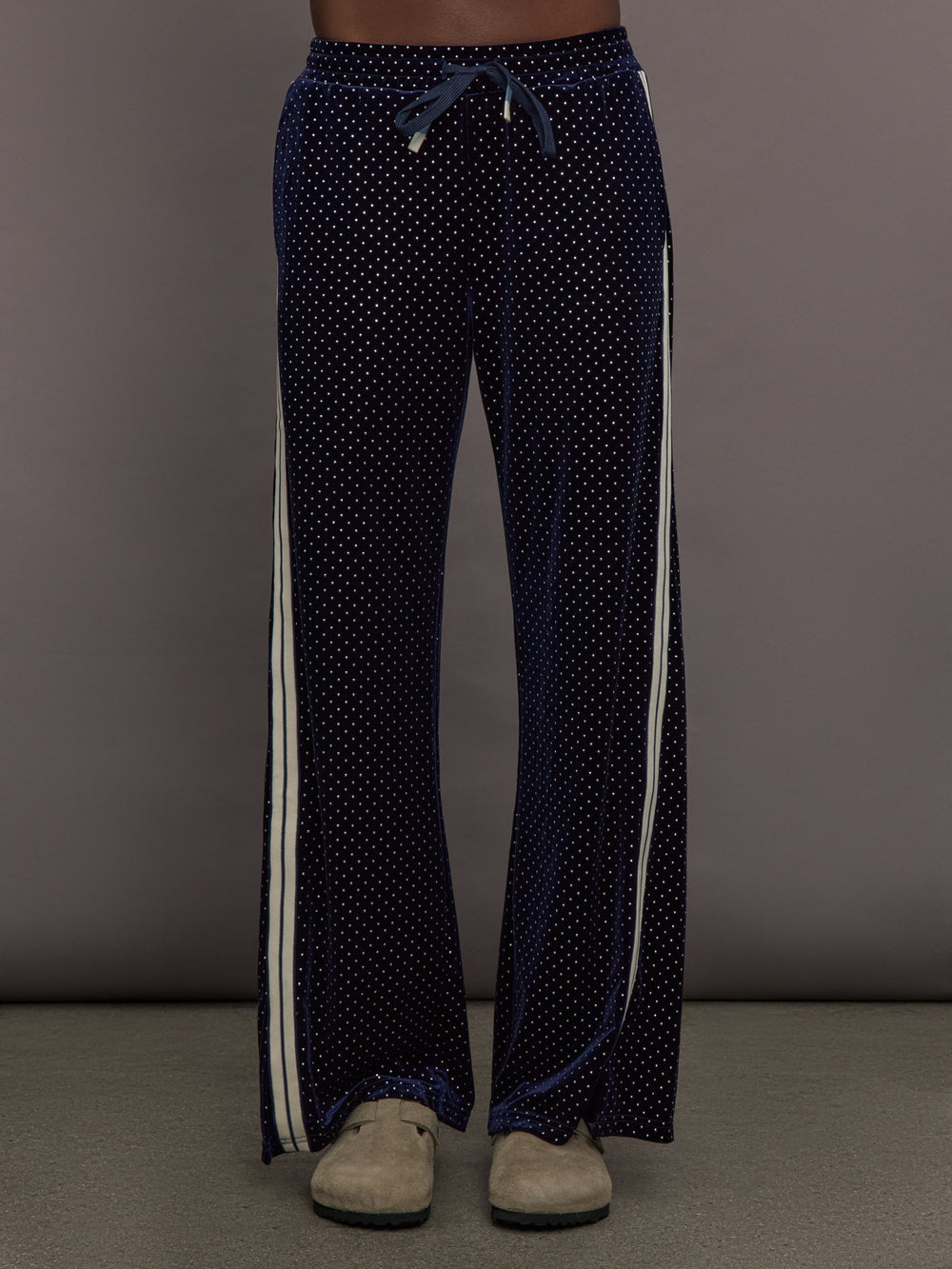 Model is wearing Velour High-Waisted Wide-Leg Pant in Polka Dot, front view.