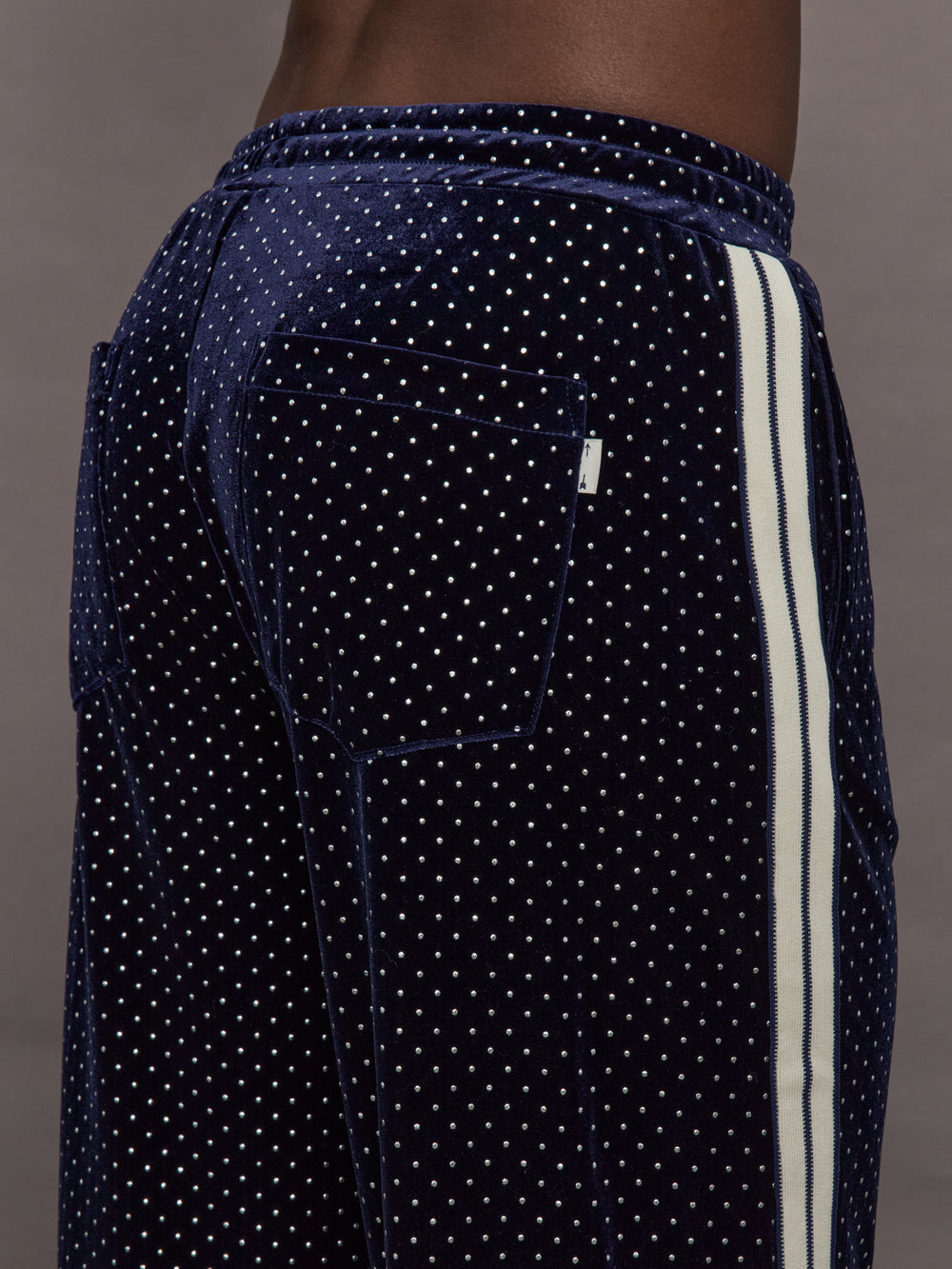 Model is wearing Velour High-Waisted Wide-Leg Pant in Polka Dot, back pocket close-up.
