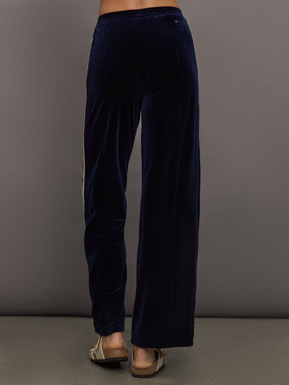 Model wearing Navy velvet pants with white stripes