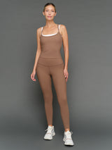 Model is wearing double layer melt tank caribou white, full body front view.