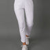 White high-waisted athletic leggings with a side pocket, shown on a model from the waist down against a solid gray studio background.