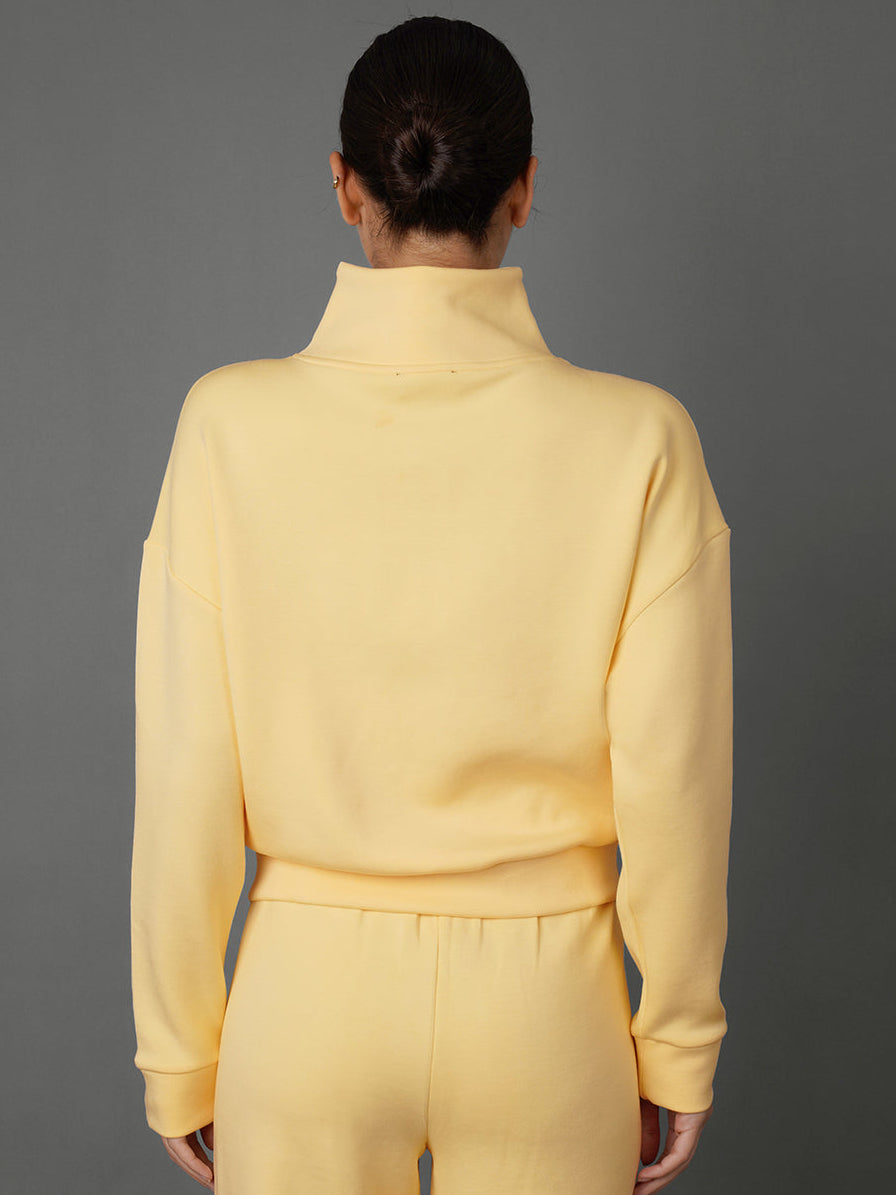 Model wears an interlock half zip sweatshirt in yellow against a grey backdrop / back view. 