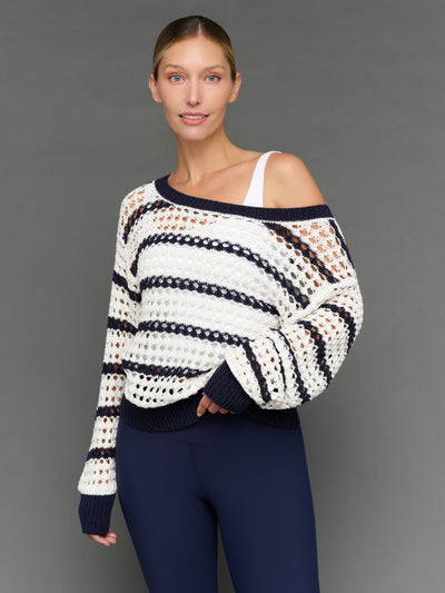 Model is wearing wide neck open knit sweater white navy, front close-up view.