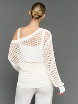 Model is wearing wide neck open knit sweater white, back view.
