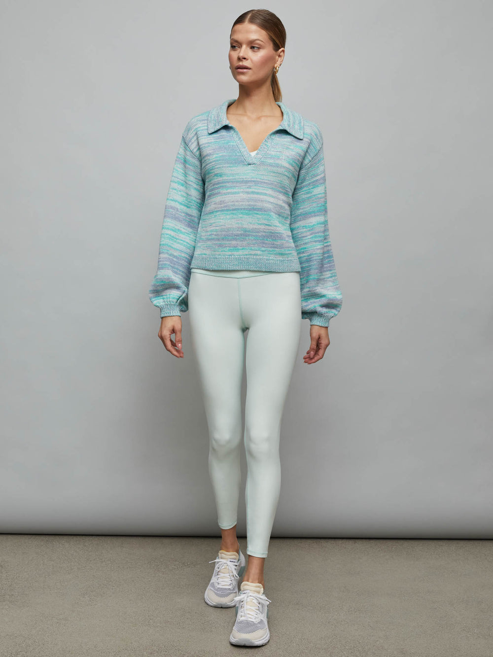 Latice Split Nk Collard Pullover - CYAN MULTI
