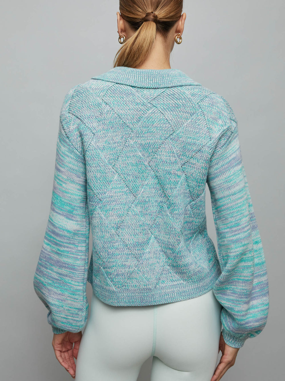 Latice Split Nk Collard Pullover - CYAN MULTI