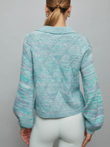 Latice Split Nk Collard Pullover - CYAN MULTI