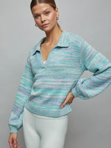Latice Split Nk Collard Pullover - CYAN MULTI